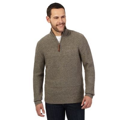 Big and tall light brown lambswool rich zip neck sweater